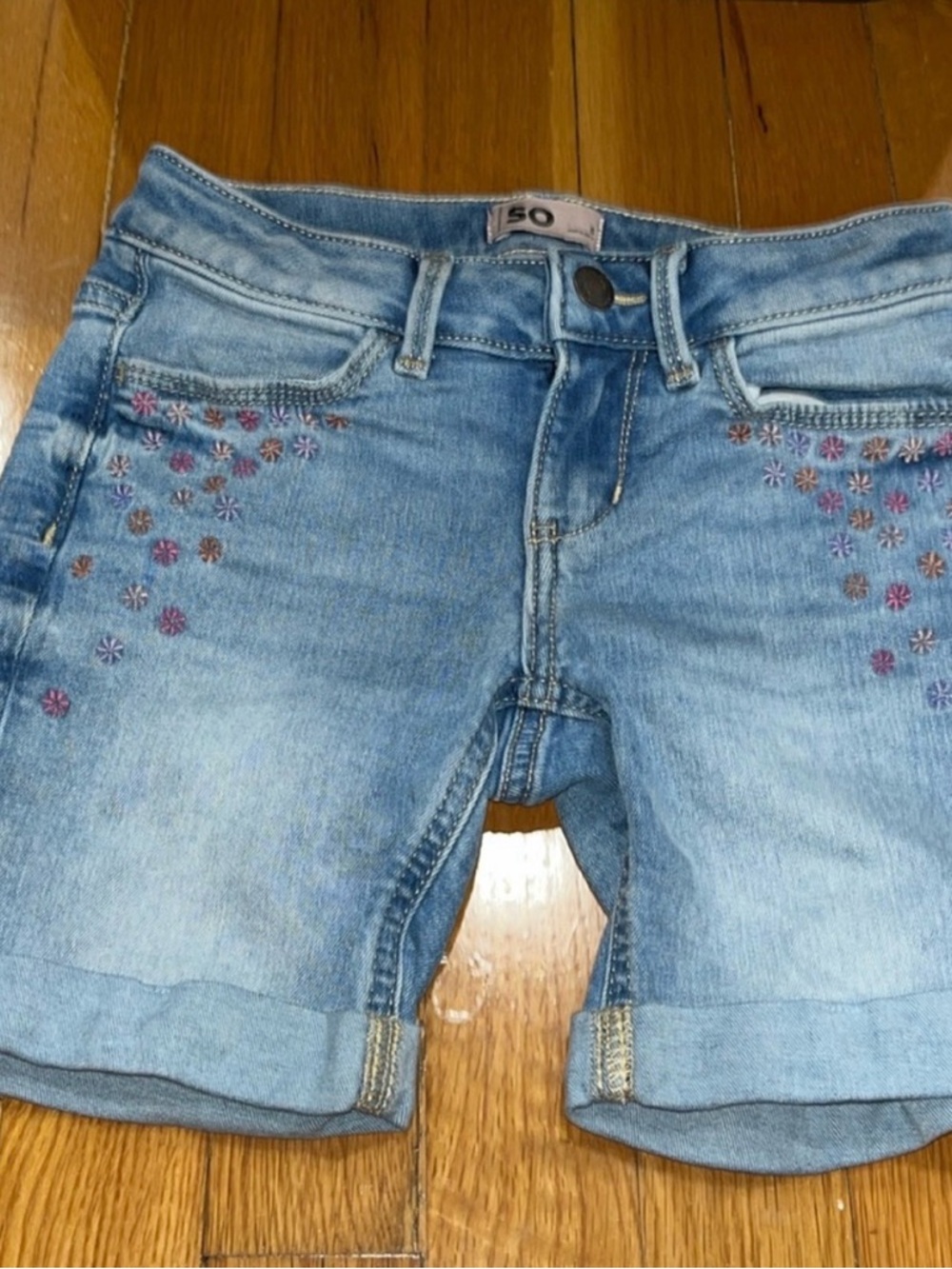 SO Light Blue Denim Shorts with Pink Floral Embroidery